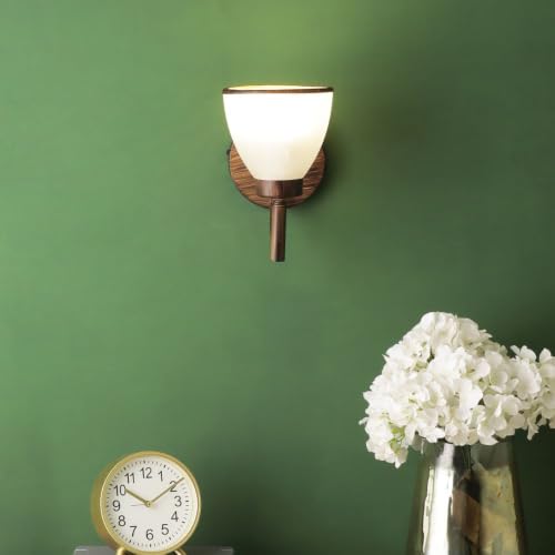 Image of ELIANTE by Jainsons Lights | Wooden Wall Light White Glass - S- - Included Bulb | White Wood Wall Light | for Living Room, Bedroom, Hallway | E27 Holder | 3 Year Warranty