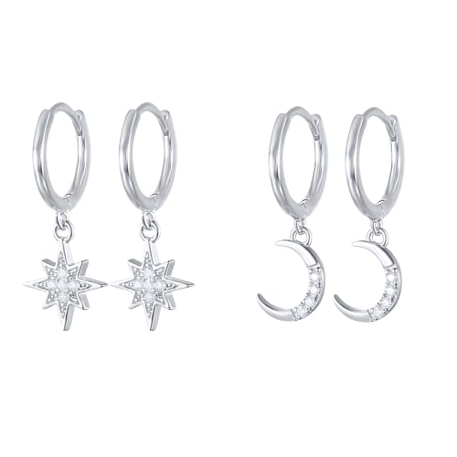 Hinvan 2 Paires Boucles D'oreilles Argent 925 Femme Hypoallergénique Creoles avec Pendentif Lune Étoile Boucles D'oreilles Créoles Argent Pendantes Étoiles...