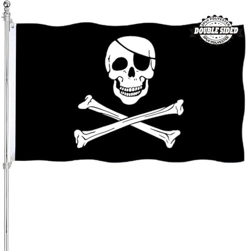 Pirate Jolly Roger Flag Patch 3x5 Double Sided Outdoor Heavy Duty 3 Ply Thick Polyester Material with 2 Metal Grommets 4 Rows of Stitching