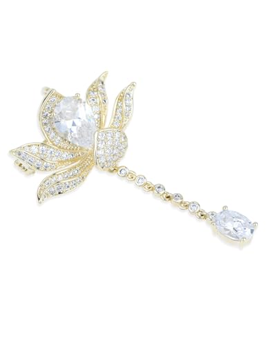Image of Women's Cubic Zirconia Orchid Flower Brooch Crystal Floral Boutonniere Petal Lapel Pin Beastpin Bridal Wedding Jewelry with Tassel