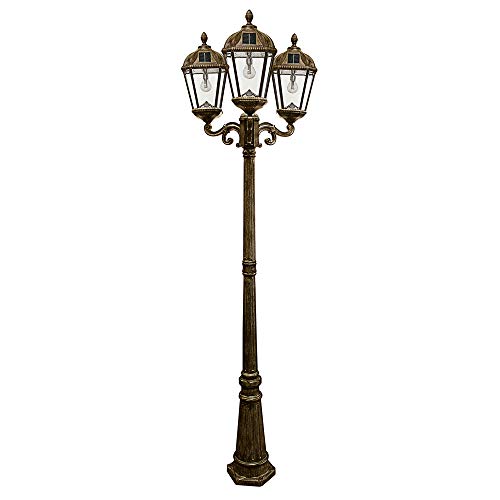 Gama Sonic Royal Bulb Solar Lamp Post Light Kit, 89 Inch Tall, Outdoor Triple Head Weathered Bronze Cast Aluminum And Clear Beveled Glass Post Lamp, Light Pole, And Warm White Light 2700K (98B303) #TOP17