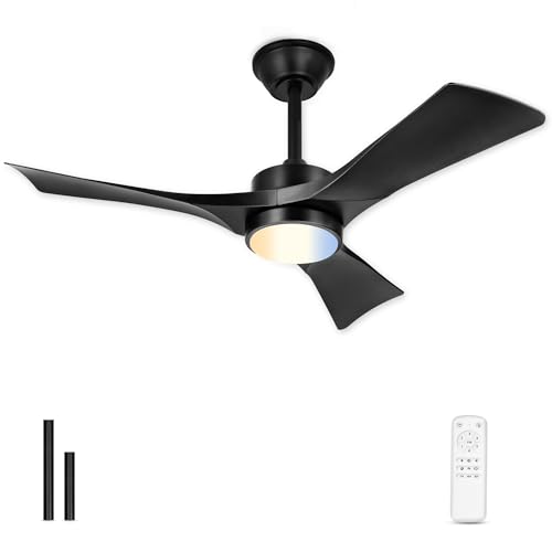 JAZAVA 42 Inch Indoor Outdoor Ceiling Fan with Light and Remote, 3CCT Dimmable LED, Modern Black Ceiling Fan, Reversible Motor, Quiet 3-Blade Fan for Bedroom, Covered Patio, ZCCF08BK-42