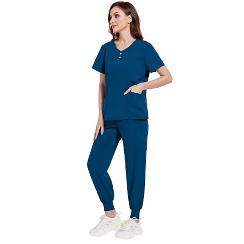 Meichoon Set de uniformes médicos para mujer con cuello en V curvado, blusa abotonada, pantalón de chándal ajustado con cordón de ajuste, secado rápido, mono de trabajo DK52Clear Azul S