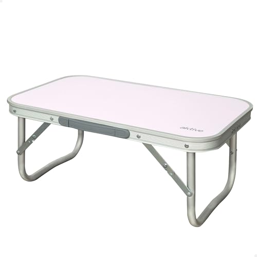AKTIVE Mesa baja plegable, 56x34x24 cm, Color malva, Estructura de aluminio, Tablero de madera MDF, Soporta 30 kg, Peso ligero, Asa mano transporte, Mesas de camping, playa y jardín (52869)