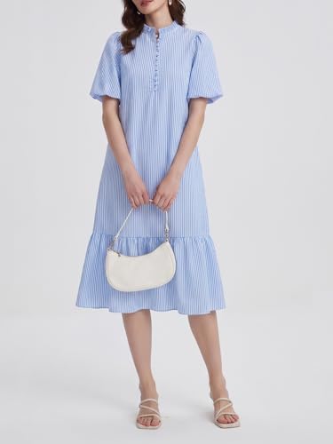 Image of Summer Floral Midi Dress for Women Spring Puff Short Sleeve Button Down Flowy Boho Dresses