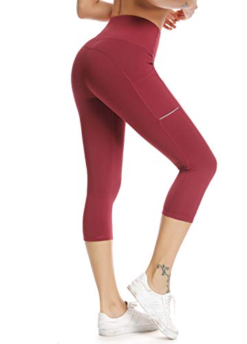 Olacia Womens High Waisted Leggings with Pockets Yoga Pants Workout Leggings Athletic Capris Tummy Control Running Pants,Red,X-Large