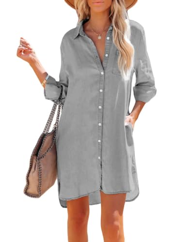 Image of Paintcolors Women's Long Sleeve Silk Denim Button Up Dresses Shirt Tunics Cover-ups Oversized Blouse Tops with Pockets