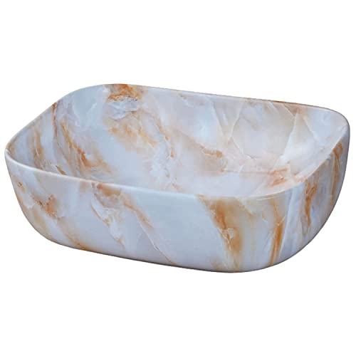 Image of REMOTION Designer Glossy Finish Table Top Ceramic Wash Basin Vessel Sink with Slim Rim |Collapsible Wash Basin | Vessel Sinks For Bathrooms (White-Cream Strip Wash Basin, 18 x 13 x 5.5 Inch)
