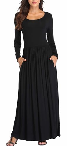 Women's Long Sleeves Maxi Dress Plain Empire Waist Casual Dress Loose Fall/Winter Dresses with Pockets