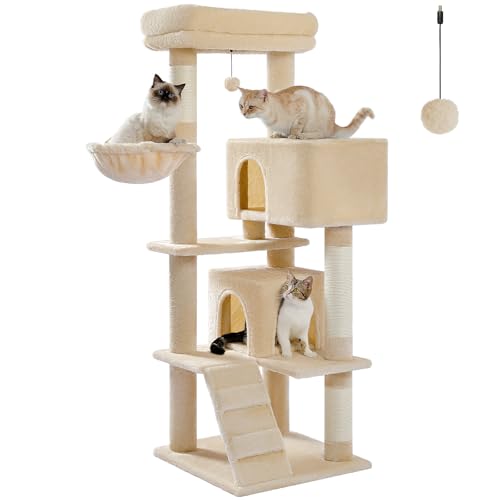 UYMI Cat Tree for Indoor Cats, 2 Cozy Condos with Spacious Top Perch, 56.3-Inch Multi-Level Cat Tower with Scratching Posts, 2 Caves, Plush Hammock and Climbing Ramp, Beige