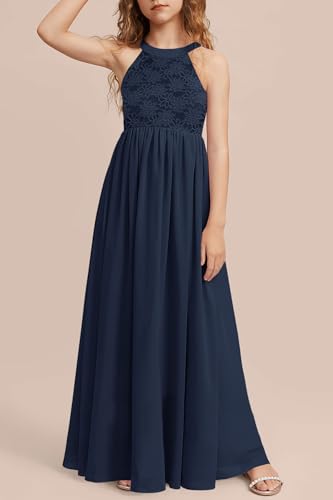 HOSIKA Girls Halter Neck Sleeveless Elegant Lace Chiffon A-line Long Flower Girl Dress for Wedding Party 6-12 Y2