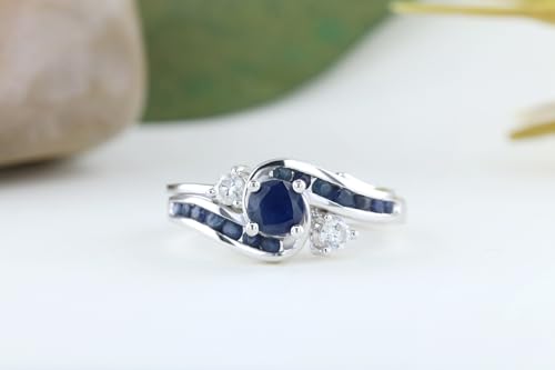 Dazzlingrock Collection Blue Sapphire And White Diamond Swirl Bridal Engagement Ring Set, 10K Solid White Gold4