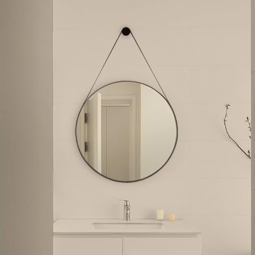 Espelho Decorativo Redondo 60cm Adnet Suspenso com Alça em Couro Cor Café para Banheiro Quarto Sala