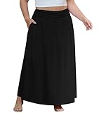 OLRIK Plus Size Black Skirt Elastic High Waist Pleated A-Line Flared Maxi Skirts Black-3X