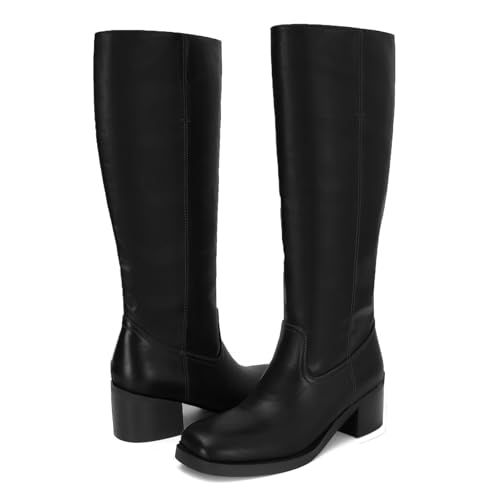 Image of DOEYG Women's Banana Knee High Boots Square Toe Chunky Block Heel Tall Boots Wide Calf Fashion Comfortable Casual Pull on Long Boots