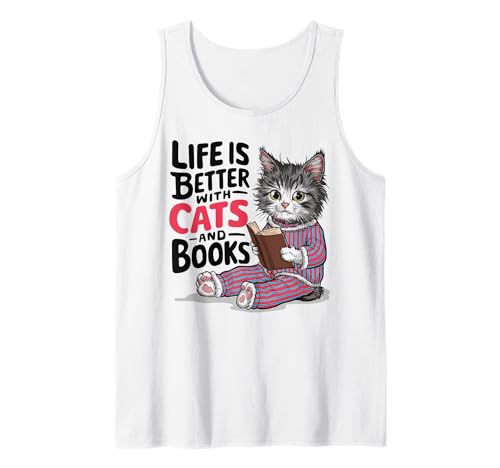 Life Is Better With Cats And Books, Cute Cats Quote Tee Camiseta sin Mangas
