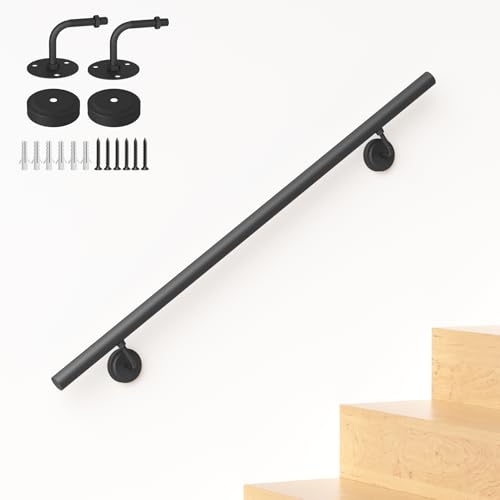 NArra 3FT Industrial Metal Stair Handrail,Round Pipe Stair Railing For Indoor/Outdoor Steps,Wall Mount Support Staircase Handrail,440LBS Load Capacity Hand Rails,Safety Grab Bar Porch Stairway Railing