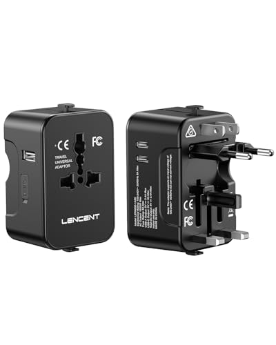 LENCENT Adattatore Universale da Viaggio, Presa AC Internazionale con 1 USB-A + 2 Type-C, Tutto in Uno Adattatore Spina USB per Telefono, PC, Spina Mondiale per Europa/Regno Unito/USA/AUS -Nero