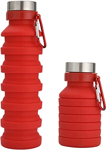 Image of we3 Collapsible Water Bottle, 550ml Reusable Silicone Light Water Bottles for Travel Outdoor Portable Leakproof Drinking Bottles with Carabiner (Red, Pack of 1)