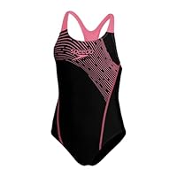 Speedo Girl's Medley Logo Medalist One Piece Swimsuit, Black/Fandango Pink, 9-10 Years