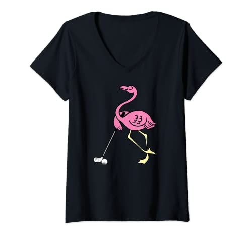 Mujer Lindo flamenco rosa jugando al golf | Divertido regalo de fanático del golf de Camiseta Cuello V