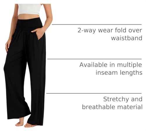 ODODOS Women's Wide Leg Palazzo Lounge Pants with Pockets Light Weight Loose Comfy Casual Pajama Pants-26 Inseam, Black, X-Large by ODODOS - Used condition - US$18.58