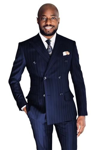 Wangyue Men's Pinstripe Suit 2-Piece Set Double Breasted Business Casual Wedding Party Suit