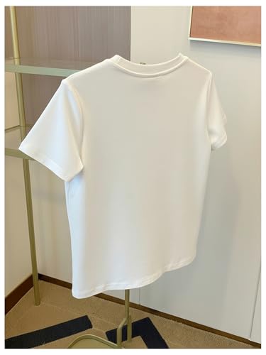 Image of RoseSeek Women's Bow Print Short Sleeve Round Neck Oversized Tops Basic Loose Fit Drop Shoulder Tees for Summer