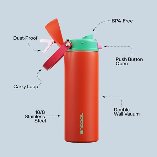 Image of Insulated Water Bottle with Straw - Encool Stainless Steel Water Bottle with Push Button Lid, Leak-Proof & BPA-Free, Keeps Cold for 24 Hours for Sports, Travel, Gym (24 oz, Grapefruit Red)