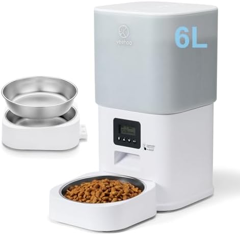 Veehoo Automatic Cat Feeder – 6L Automatic Dog Feeder with Stainless Steel Bowl, Timed Cat Food Dispenser with Memory Function, 10s Voice Recorder, Dual Power Supply