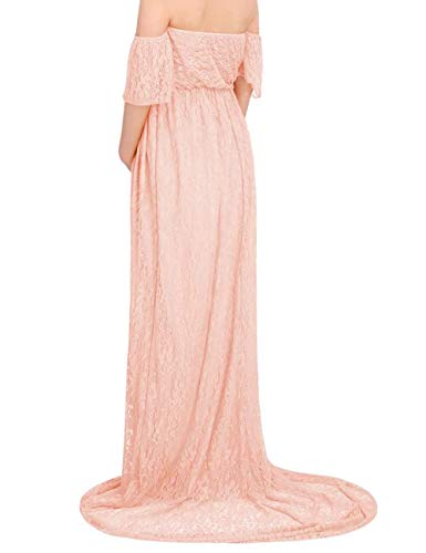 RICWINANN-Womens-Off-Shoulder-Ruffle-Sleeve-Lace-Maternity-Gown-Maxi-Photography-Dress-Peach-Pink-Medium