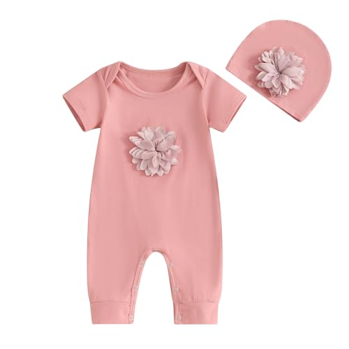 Infant Baby Girl 3D Floral Cotton One Piece Overall Romper with Hat Toddler Baby Long Sleeve Onesie Jumpsuit