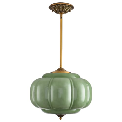 LOUSACE 15 in Vintage Milk Glass Ceiling Light Fixture Antique Green Milk Glass Pendant Light Mid Century Art Deco Chandelier for Kitchen Dining Room Hallway Bedroom LED Bulb Included