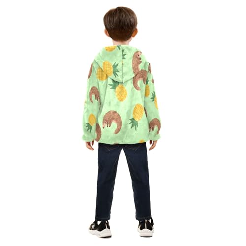 Pangolins and Pineapples on Green Toddler Fleece Jacket Girl Boys Hooded Fleece Jacket Coat Warm Outwear Zip-up 3-10T4