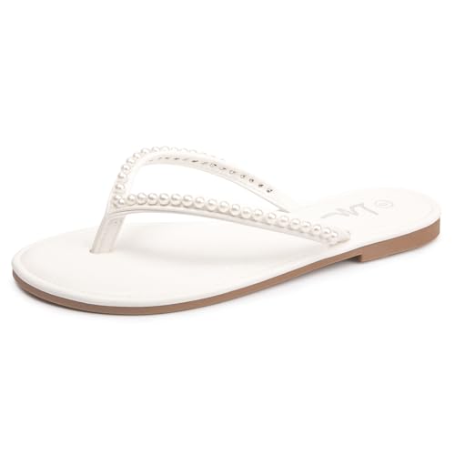 LM Women's Pearls Strappy Flat Sandals Thong Sandals Flip Flop Slip On Slide Sandals for Women Dressy Summer