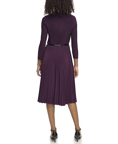 Image of Tommy Hilfiger Women's Long Sleeve V-Neck Belted Pleated Skirt A-Line Midi Dress