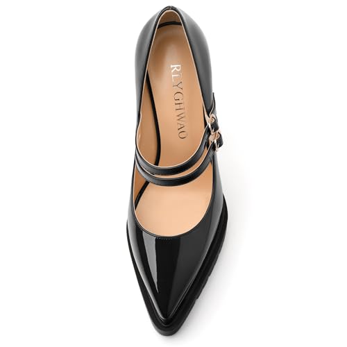 Women's Chunky Platform Heels, Pointed Closed Toe High Heels, Two Buckle Backstrap Patent Pumps for Women 6 Inch3