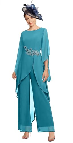 Mother of The Bride Pant Suits for Wedding with Beaded 3/4 Sleeve Pantsuit for Women Dressy JH004