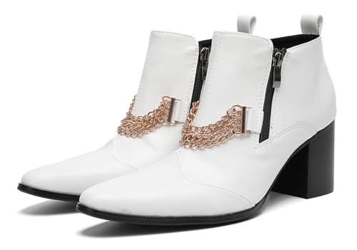 Santimon Men’s Leather Chelsea Ankle Boots with Chain – Pointed Toe Zip Block Heel Dress Boots, Punk Western Cowboy Boots for Party, Streetwear & Stage
