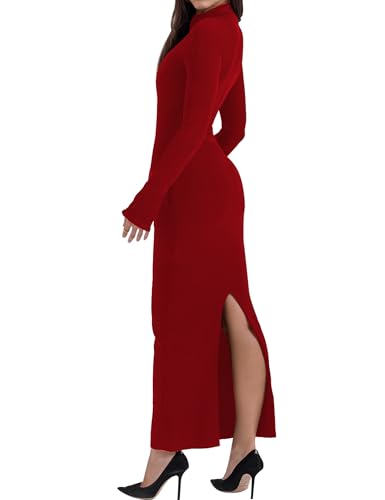 Women's Sexy Mock Neck Back Slit Long Sleeve Bodycon Maxi Dress Elegant Flared Sleeve Prom Dress3