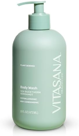 Vitasana Natural Body Wash for Sensitive Skin, 16 oz – Sea Buckthorn & Bergamot Scent, 98.9% Plant‑Derived, EWG Verified, Hypoallergenic, Paraben‑Free, Sulfate‑Free, Cruelty‑Free