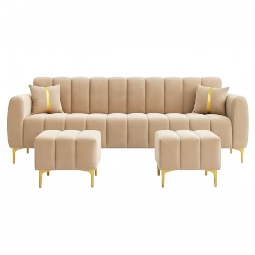 Image of Harmonica 3 Seater Modular L Shape Sofa Set with 2 Ottoman| Soft Velvet Upholstery, Sturdy Wooden Frame | Modern Sofa for Living Room, Hall & Office Spaces (Beige)