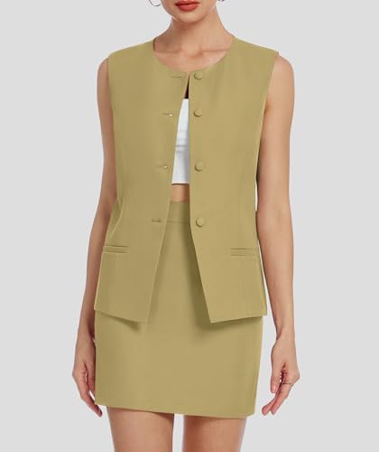 Womens 2 Piece Blazer Outfits Summer Vest Suit Short Skirt Sets Business Casual Button Down Vest Work Matching Set Mustard Yellow M2