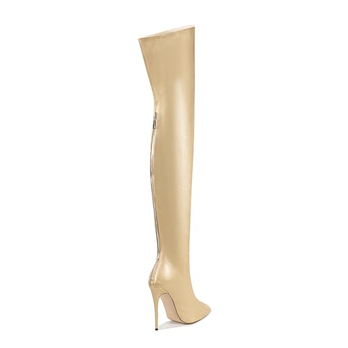 Image of Thigh high boots for women striped Back zipper Burgundy Zebra Print Over the knee Sexy gold white pointed toe Cow Print leopard Magenta stiletto heel
