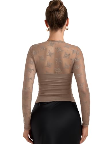PINKMSTYLE Women Sexy Mesh Sheer Long Sleeve Tops Fitted Double Lined Square Neck Going Out Lace Shirts Latte Medium - image 5