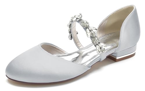 Hanfike Girls Womens Dress Flats for Wedding Mary Jane Round Toe Prom Evening Pumps with Rhinestones JY276