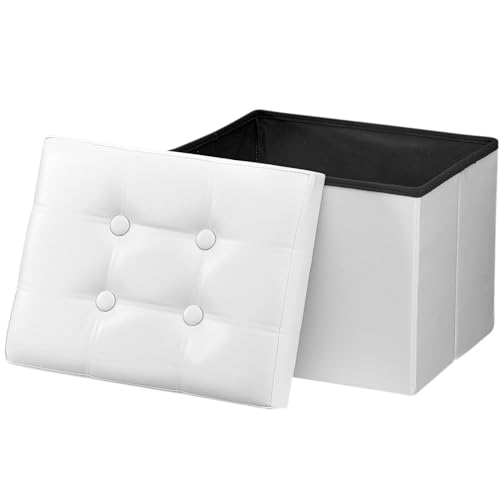 Image of Bsketa Storage Ottoman Bench,17 Inch Folding Leather Foot Rest Stool,White | Ottoman with Storage, Thicker Foam Padded Seat, Living Room, Dorm, Bedroom, Load 330 lbs,Easy to install,17x13x13in