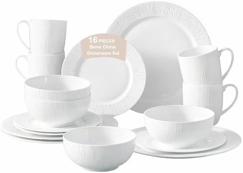 16 Piece Bone China Dinnerware Sets with Mugs,White Plates and Bo...