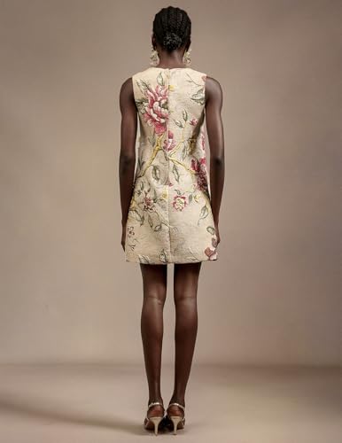 Dignified Beige Flower Jacquard Dress Mini Graceful A Line Loose Vacation Date Night Garden Party Dress3