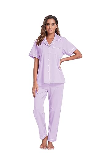 Image of COLORFULLEAF Women's 100% Cotton Pajamas Set Button Down Sleepwear Short Sleeve Shirt and Long Pants Soft Ladies Lounge Sets